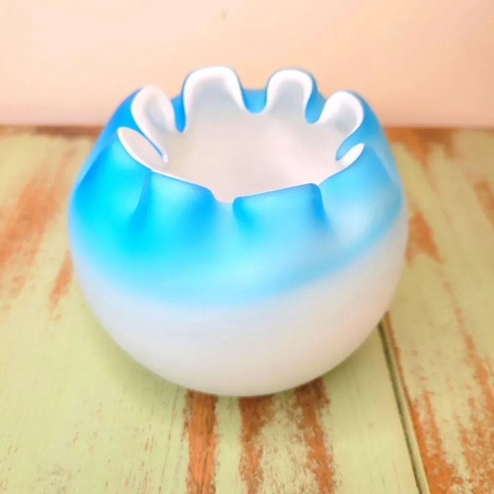 Fenton Blue Satin Glass Crimmped Ruffle Edge MCM Art Glass Bowl